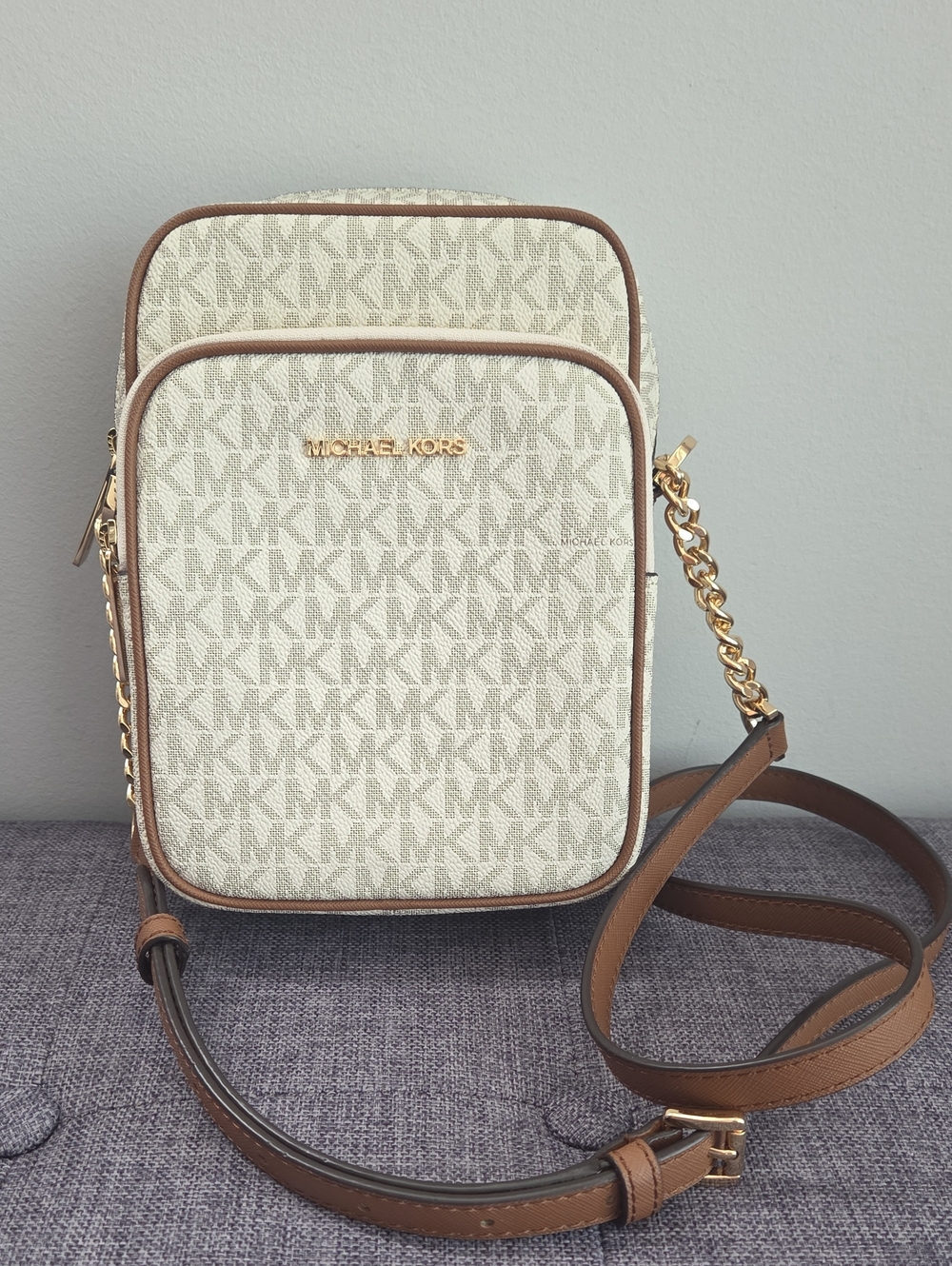 Michael Kors Ivory Signature Crossbody with Brown Trim